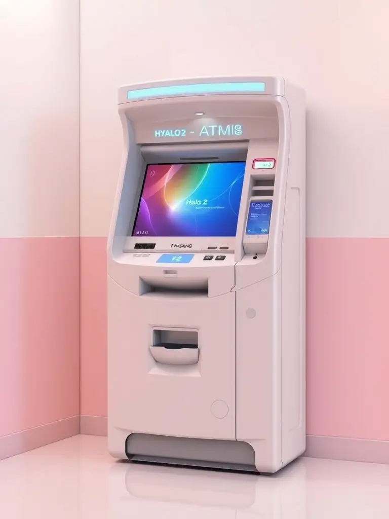A Hyosung Halo 2 ATM with a bright touchscreen display, a card reader on the side, and a cash dispenser at the bottom, emphasizing its user-friendly interface and compact design.
