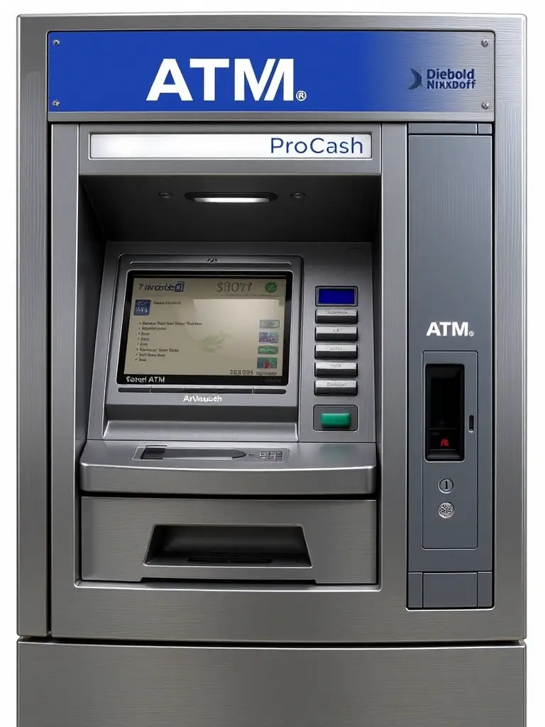 A detailed shot of the Diebold Nixdorf ProCash 2100 ATM, showcasing its robust cash handling capabilities and high-security features designed for commercial environments.