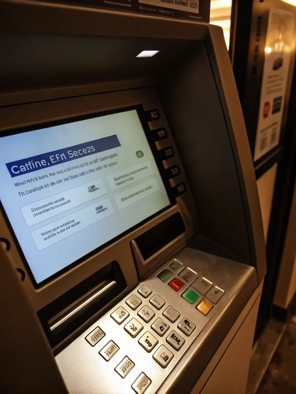 A detailed close-up of the NCR SelfServ 80 Series ATM's touchscreen interface, highlighting its user-friendly design and advanced functionality for commercial use.