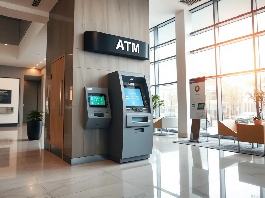 A visually appealing image of a premium ATM with a sleek and modern design, highlighting its aesthetic appeal and integration into a contemporary business environment.